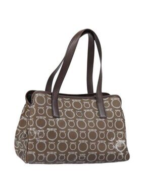 Authentic Salvatore Ferragamo Gancini Shoulder Bag Leather Brown Silver